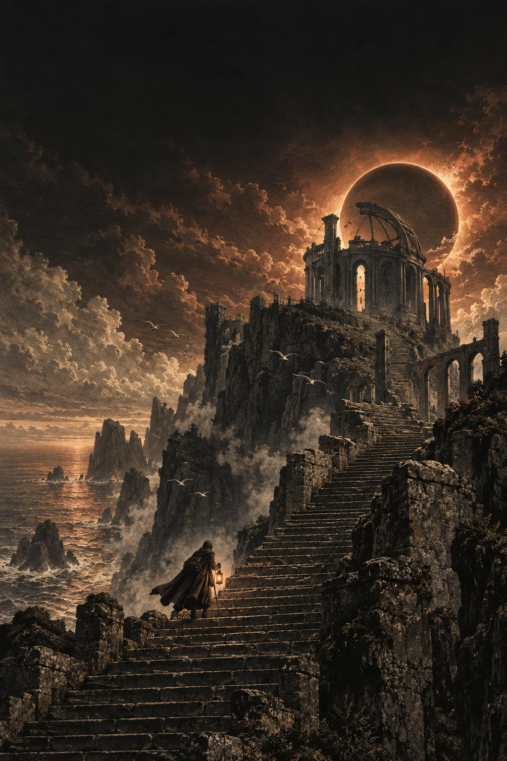A lantern-bearing explorer climbs towards an ancient observatory under an eclipsed sun